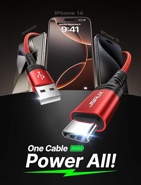 JSAUX USB C Cable (2m 2-Pack) 3.1A Fast Charging, Type C Charger Cable Compatible with iPhone 17 Air 16 15 Pro Max, Samsung Galaxy S24 S23 S22 S21 Note 10 9 8, A14 A15 A25 A35 A53 A55, CarPlay -Red - 2
