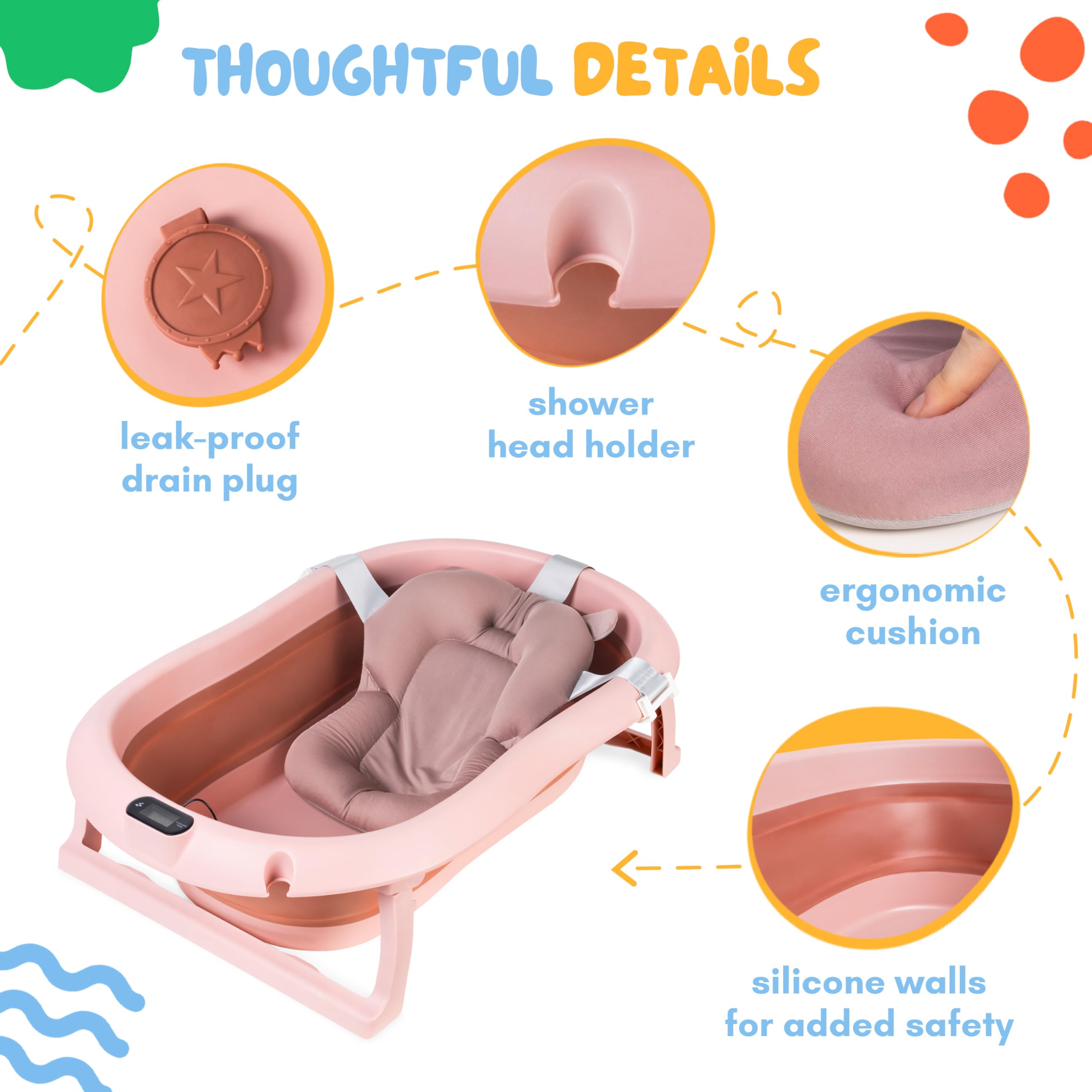 Bañera para bebé de 80 cm, plegable, color rosa oscuro, 0-36 meses | Con termómetro y cojín de baño para bebé para niños Bañera portátil