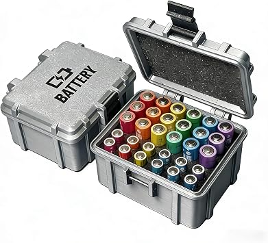 Battery Storage Case for 18 AA and 12 AAA Battery, 3D Printing PETG Waterproof Hard Case Batteries Caddy Organizer Holder, Alkaline Batteries Storage Holder for Household Outdoor, Mechanical Style