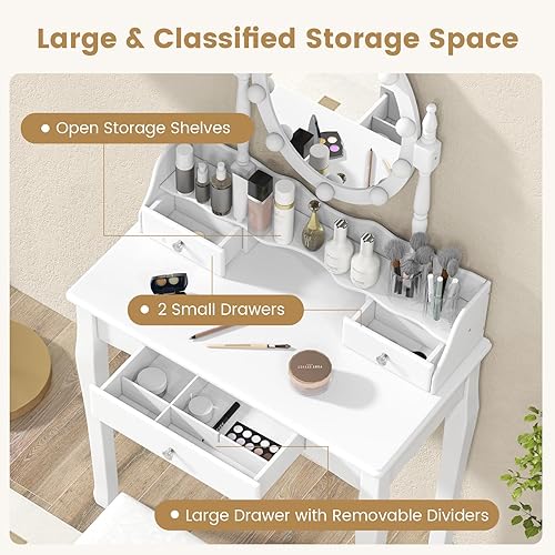 Miniatura 3 de CHARMAID Escritorio de maquillaje para niñas con luces, mesa de tocador con espejo iluminado, 3 modos de iluminación, brillo ajustable, mesa de