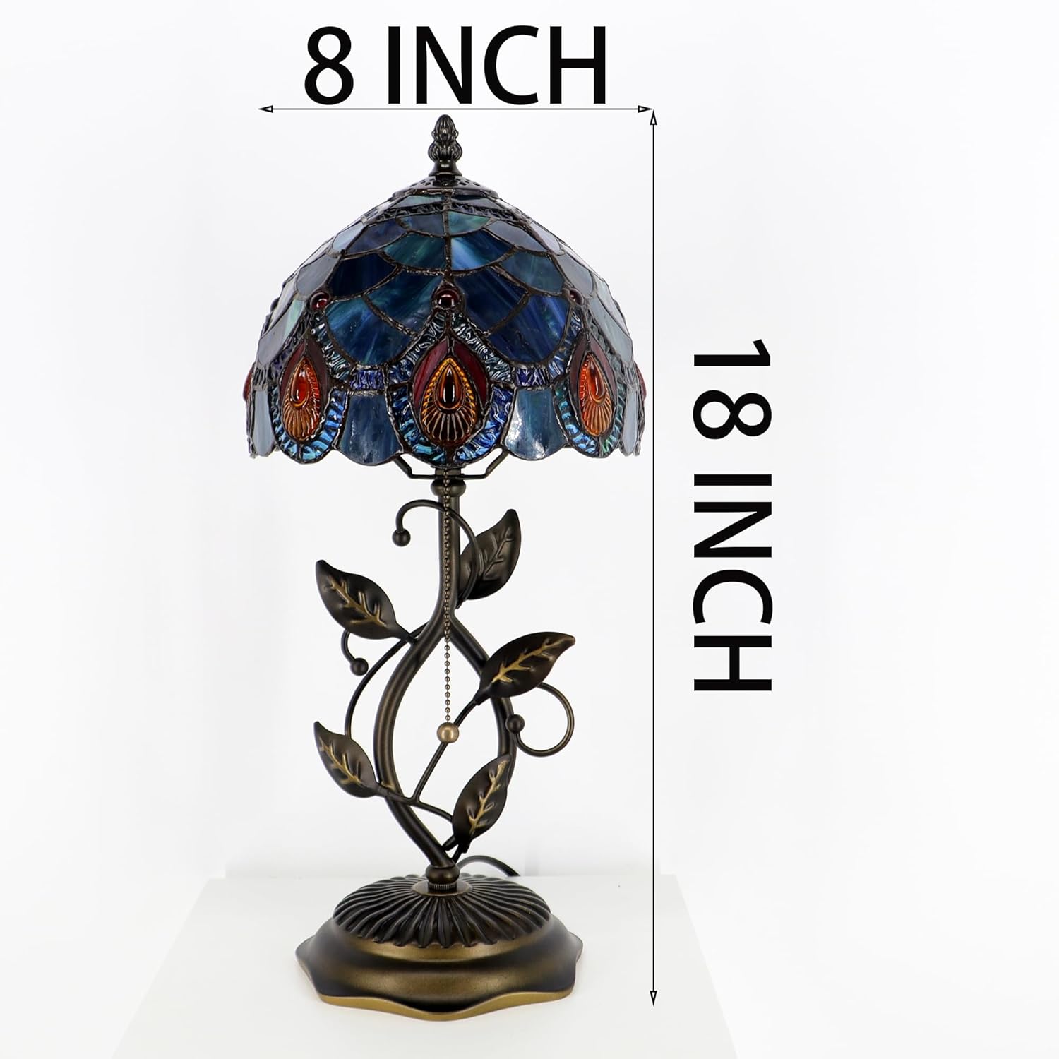 Small Tiffany Lamp Sea Blue Peacock Tail Style Stained Glass Table Lamps Desk Bedside Reading Light 8X8X18 Inches with Bronze Metal Leaf Resin Base