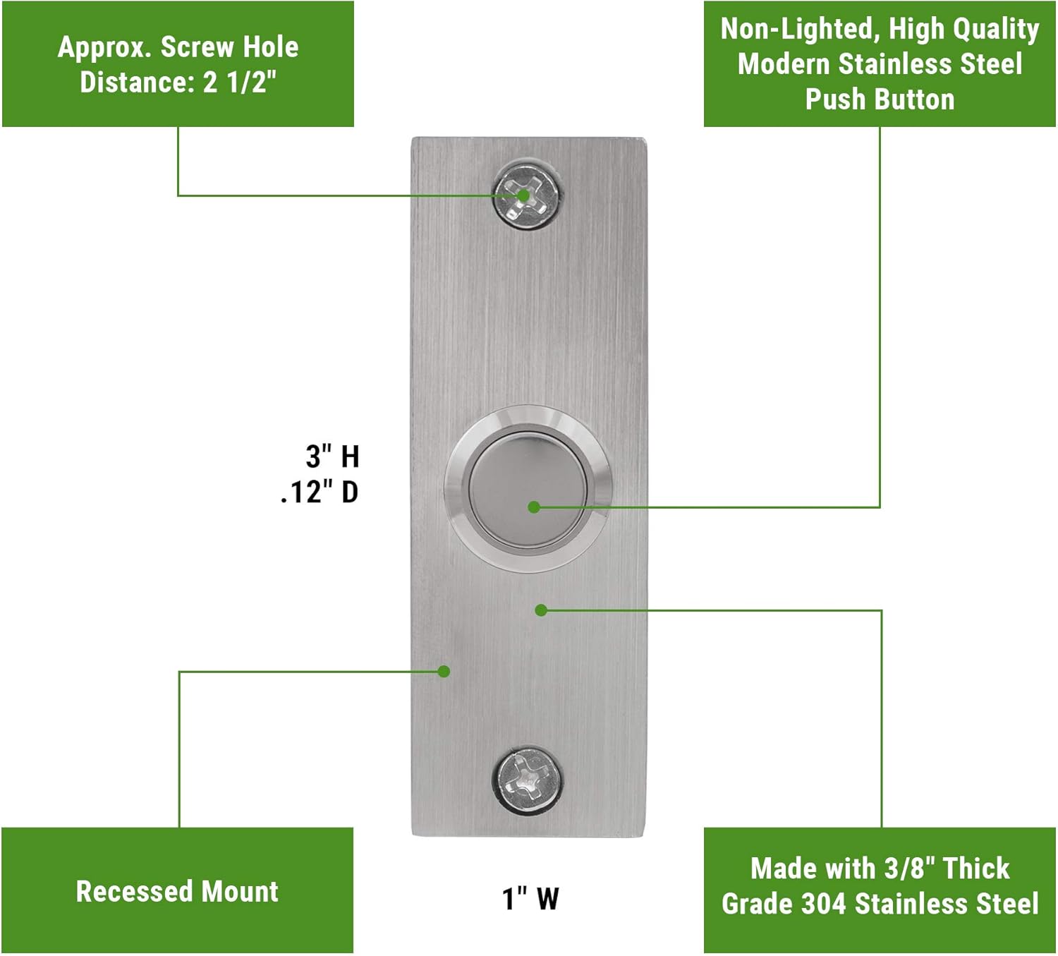 Waterwood Small Rectangle Stainless Steel Doorbell - Wired High Quality Modern Stainless Steel Push Button