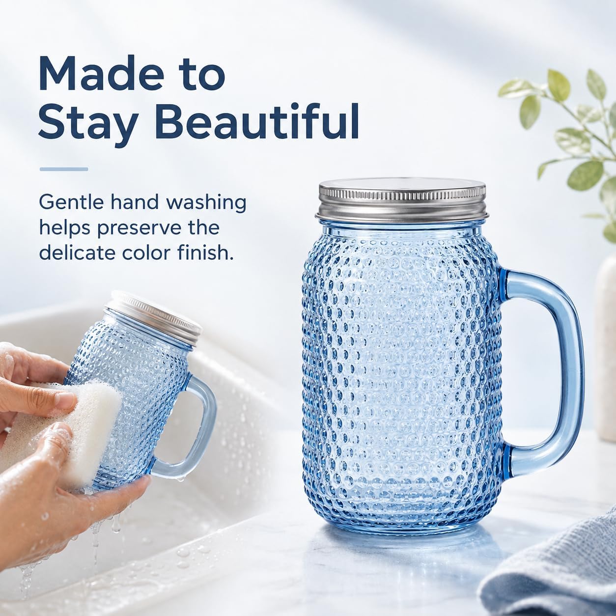 DaYammi 6 Pack 24oz Hobnail Mason Jars Cups Drinking Glass Cups with Lids & Straws, Colorful Wide Mouth Mason Jars Cups with Handle, Tumblers for Coffee Smoothies, Iced Tea, Juice, Beer, Cocktail