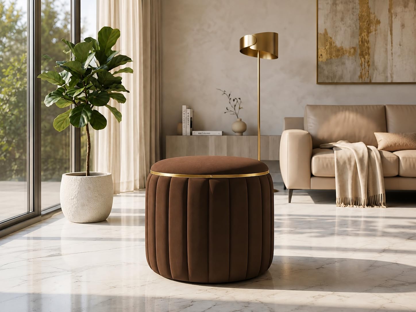 Premium Brown Velvet Storage Ottoman with Hidden Storage, Round Foot Rest Stool, Upholstered Vanity Makeup Seat for Living Room & Bedroom with Gold Accent Ring-image-40