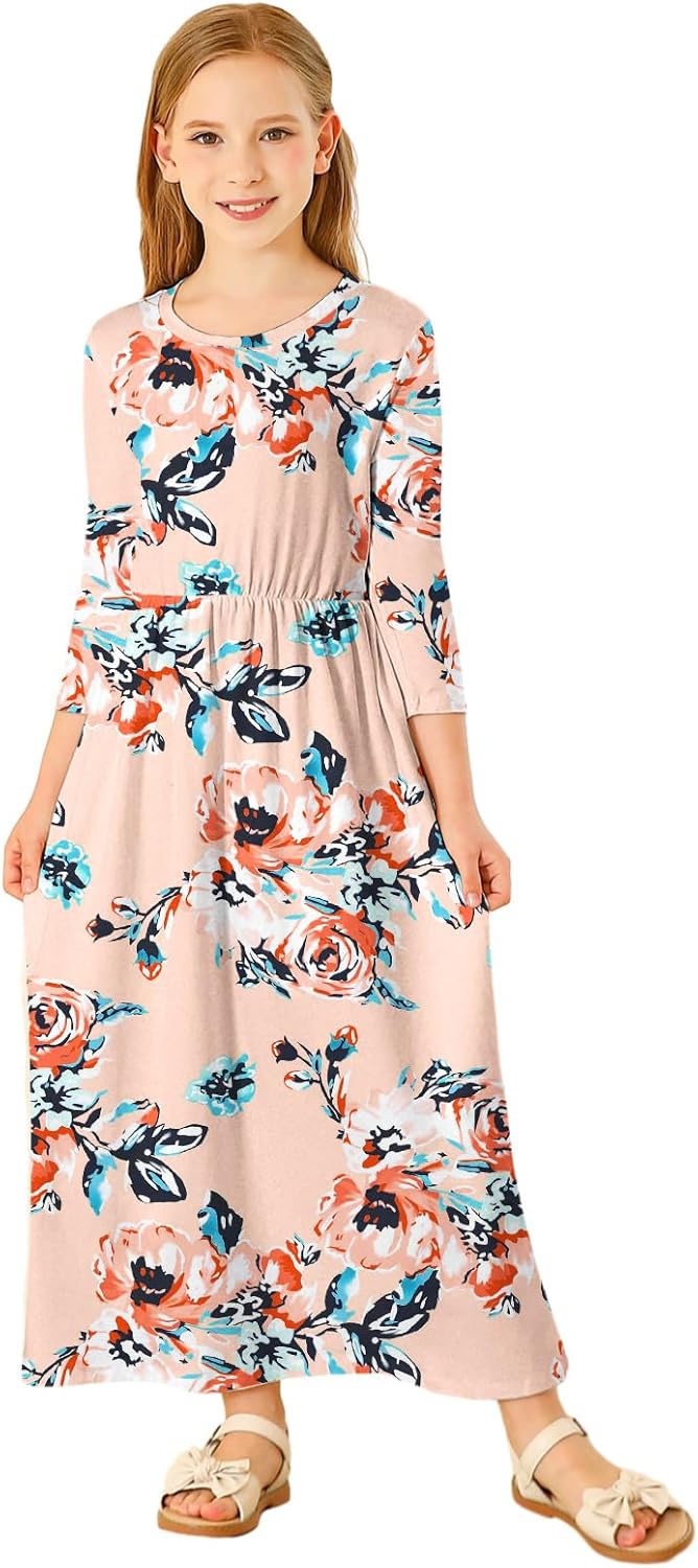 21KIDS Girls Maxi Dress Floral 3/4 Long Sleeve Dresses with Pockets for Girls 6-12 Years - Image 3