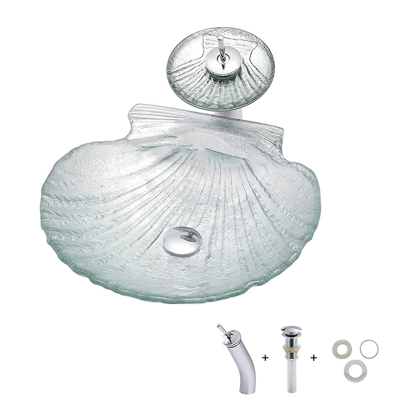 ASerZenith Bathroom Vessel Sink With Waterfall Faucet,Shell Shaped Tempered Glass Vessel Sink Basin Set,Above Counter Basin With Pop-Up Drain
