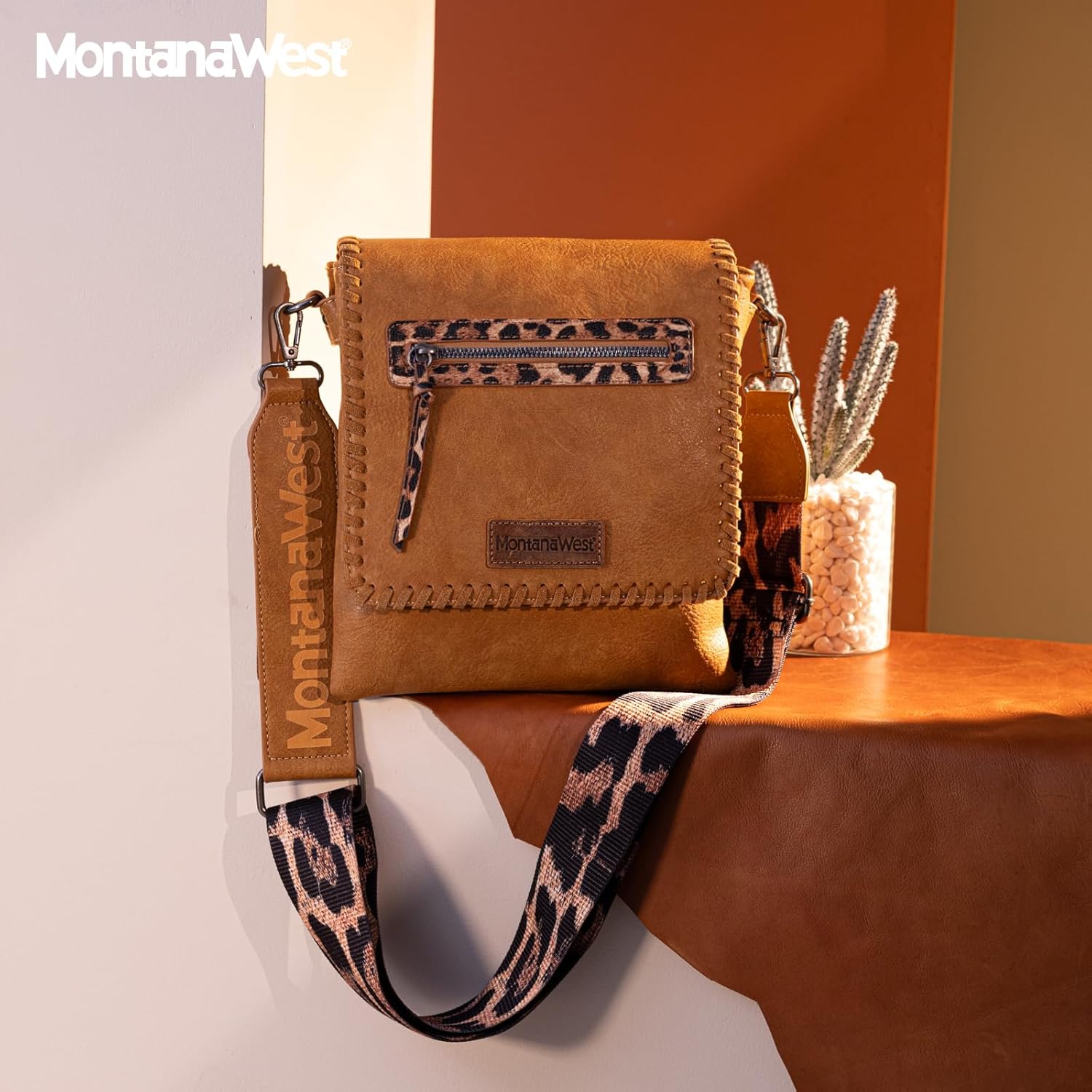 Montana West Crossbody Bags for Women with Dual Compartments Western Cross Body Purse with Leopard Print Guitar Strap - Image 2