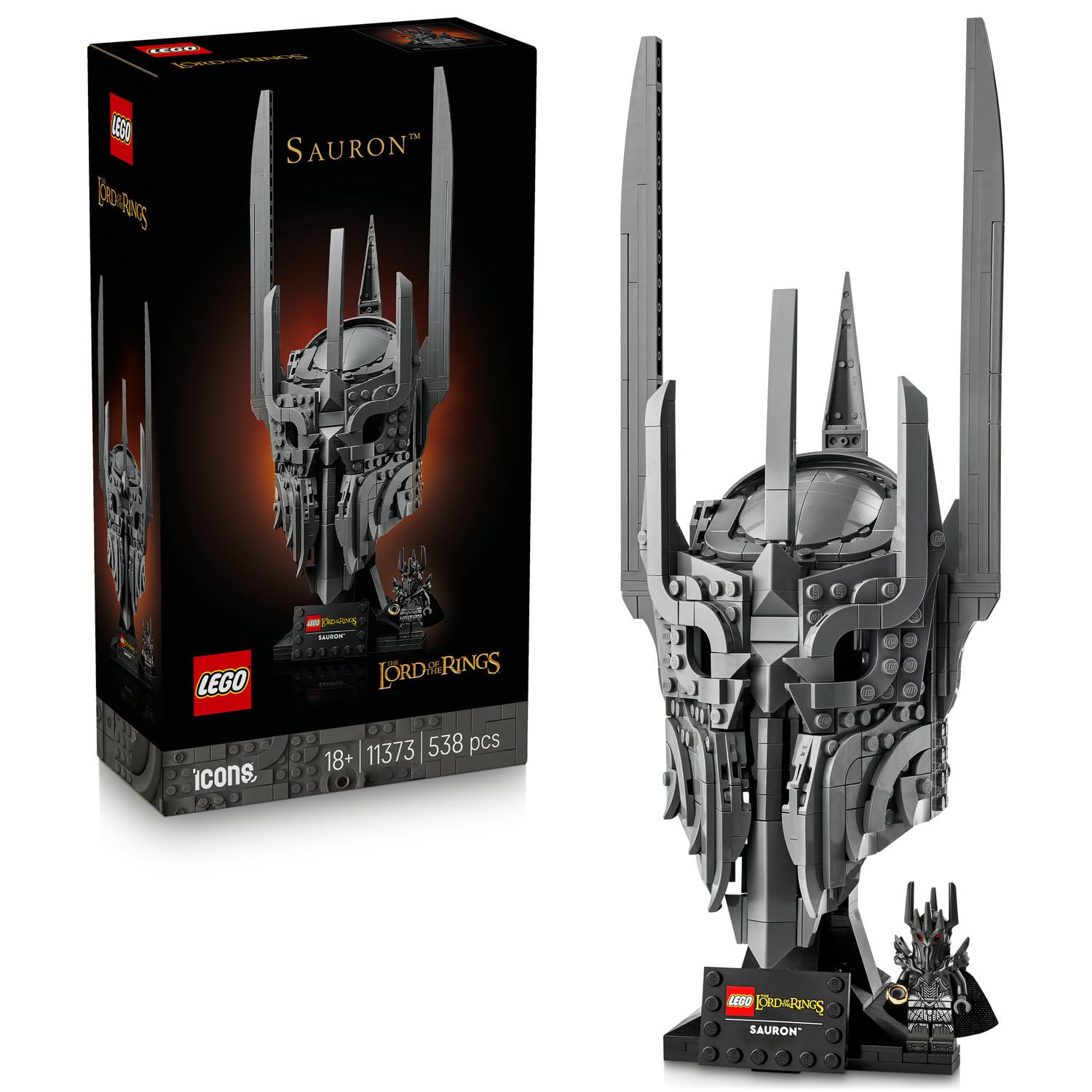 LEGO Icons Yüzüklerin Efendisi: Sauron'un Miğferi 11373 - Yetişkinler için Sauron Minifigürü ile İsim Levhalı Sergileme Standı İçeren Yaratıcı Dekoratif Model Yapım Seti, Hediye Fikri (538 Parça)