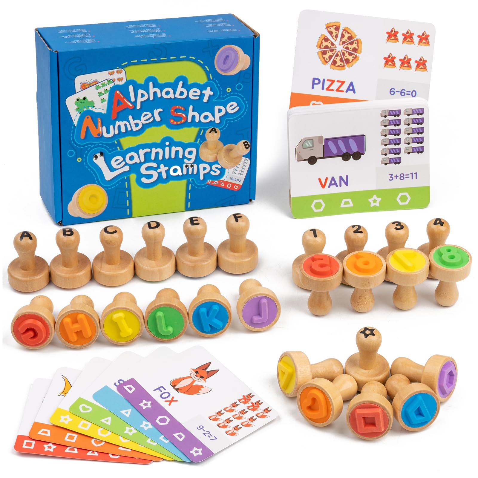 Sellos de números del alfabeto para niños, juego de sellos de letras de ortografía ABC de madera con tarjeta, matemáticas, aprendizaje de números, suministros de artes y manualidades, regalos de