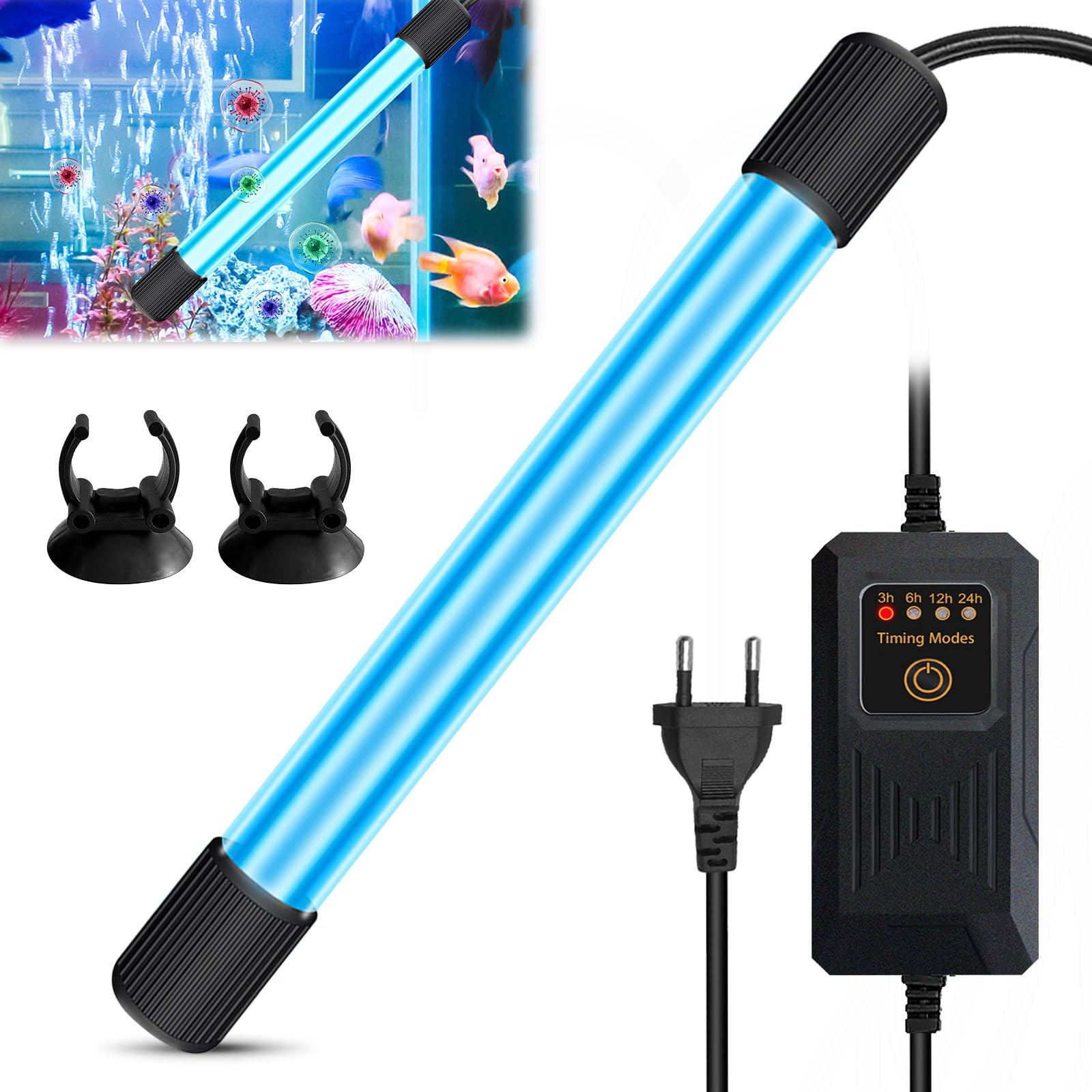 Luce UV per Acquario, Luce Sterilizzatrice UV con Timer, Lampada U V Acquario Sommergibile con Ventosa, Lampada Sterilizzazione Subacqueo per Pulizia di Acquari, Laghetti (03)