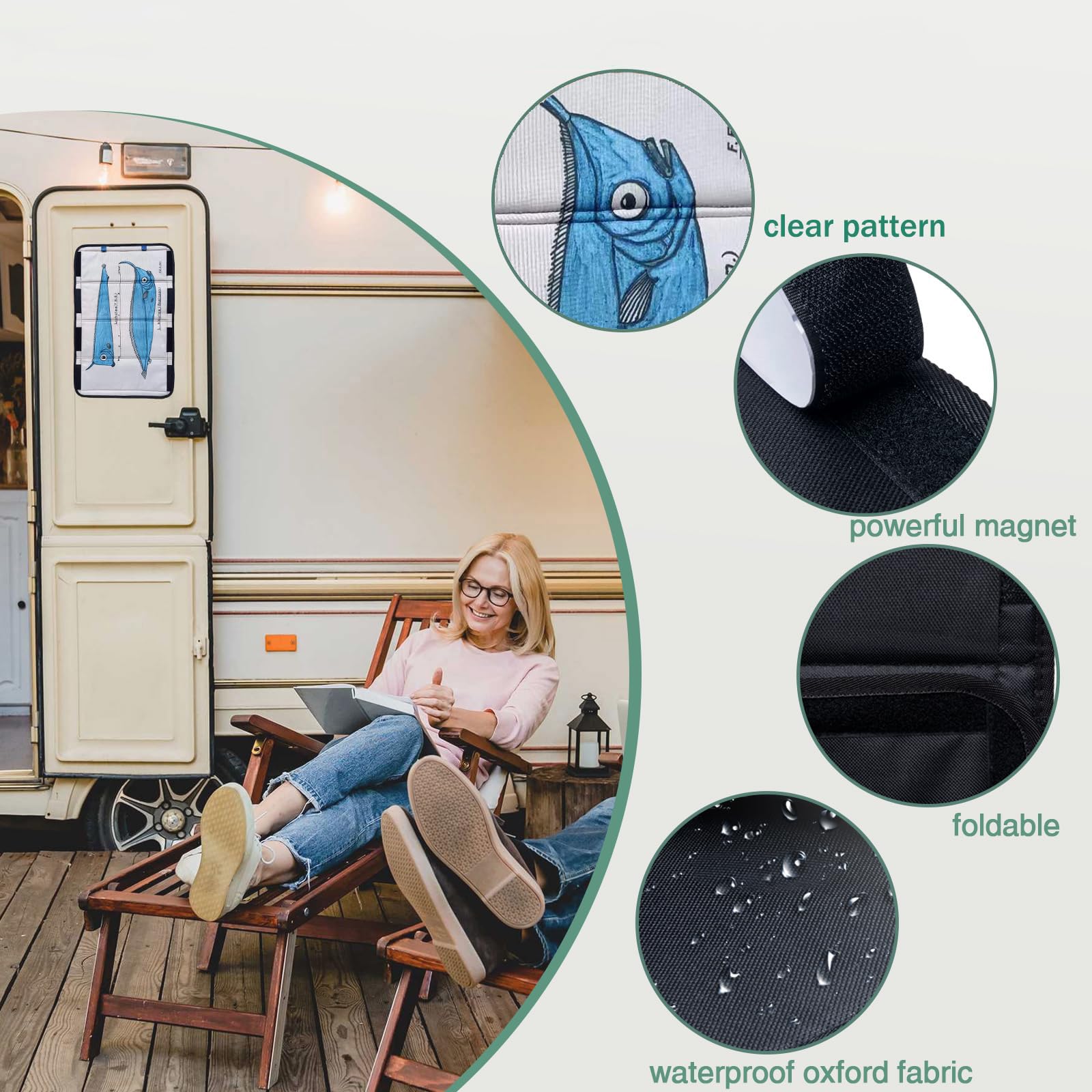 RV Door Window Shade, Unique Ocean Fish Design Foldable RV Blackout Window Cover, 100% UV Rays Protection Camper Trailer Door Window Cover,Blue Fish Art Thickened Oxford Fabric