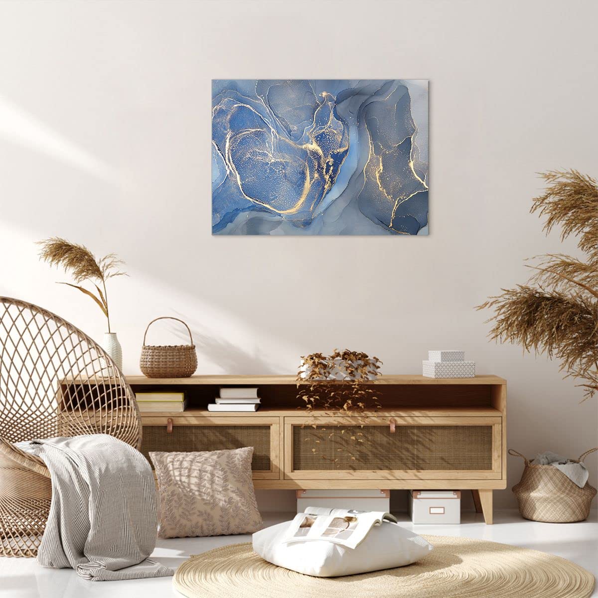 Tableau Moderne Sur Toile Abstrait Or Bleu - Décoration Murale Premium 70x50cm Pour Salon, Chambre Et Cuisine