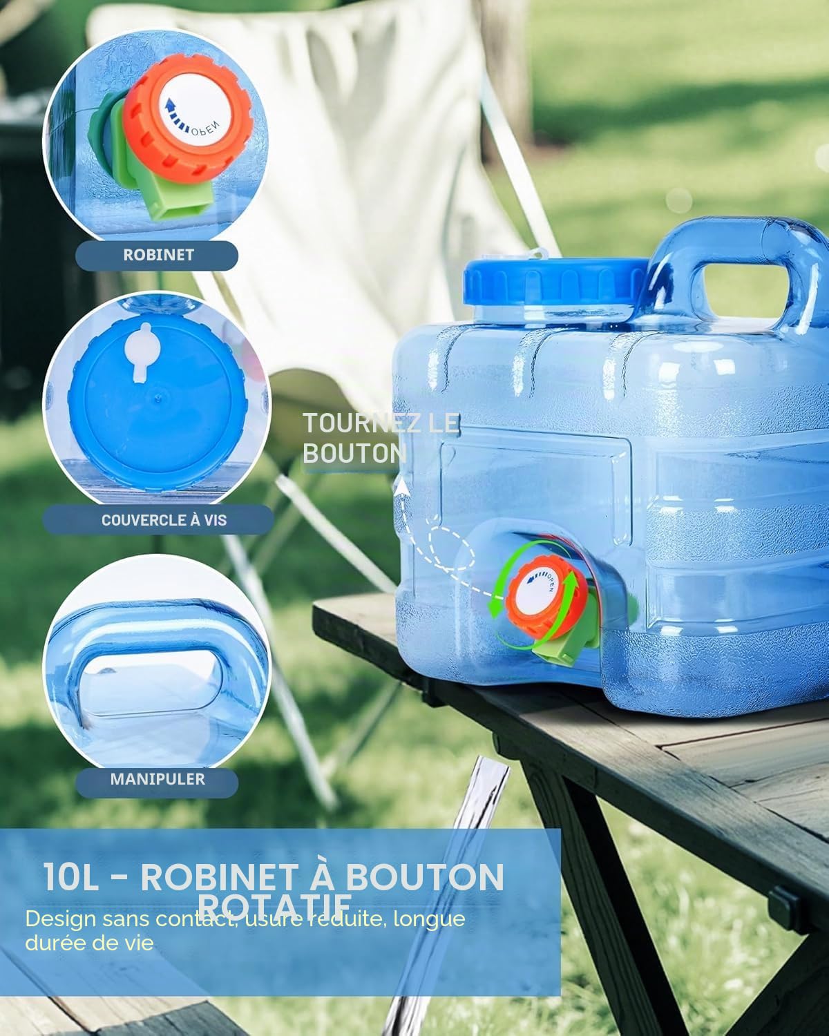 Bidon d'eau avec robinet et couvercle à visser sans BPA réservoir d'eau potable portable bleu transparent