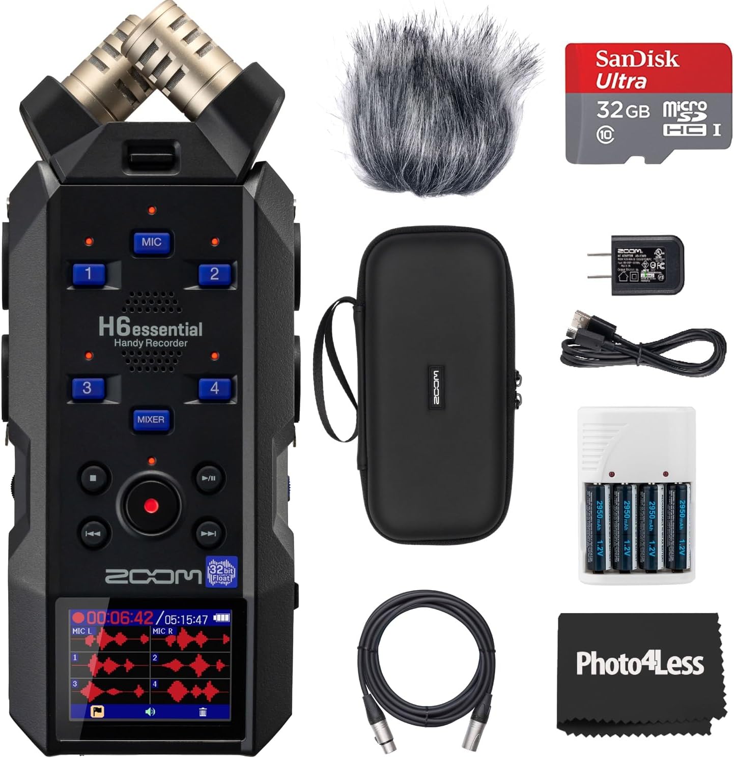 Zoom H6essential Handy Recorder, Bundle with Zoom Accessory Pack, 32GB Micro SD-Card with Adapter, 2 XLR Cable, 4 AA Batteries & Charger, Cleaning Cloth