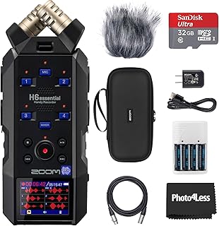 H6essential Handy Recorder, Bundle with Zoom Accessory Pack, 32GB Micro SD-Card with Adapter, 2 XLR Cable, 4 AA Batteries & Charger, Photo4Less Cleaning Cloth
