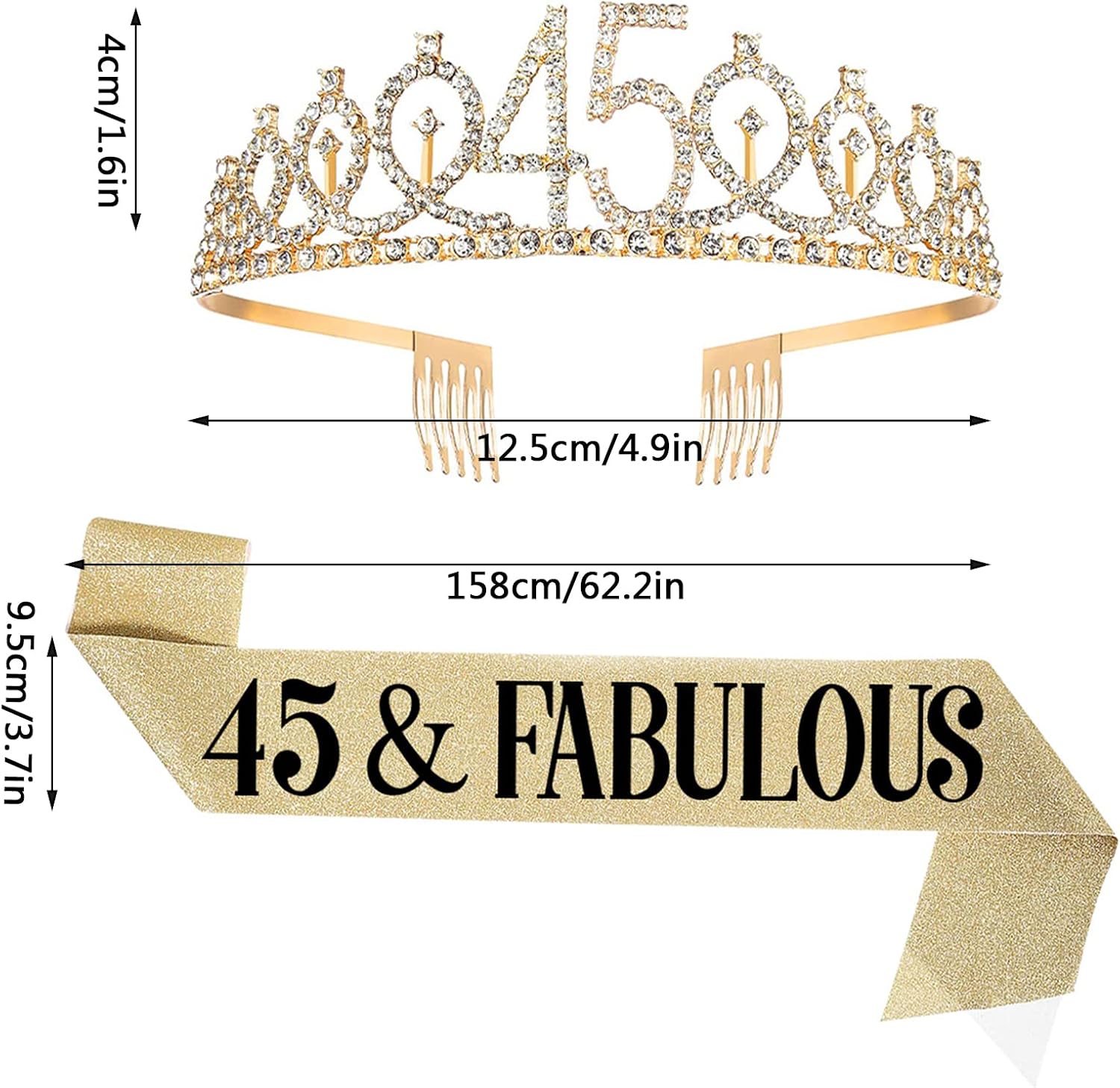 45th birthday sash and tiara for women, 45 & fabulous sash and crown, 45th birthday decorations gifts for woman queen party favors supplies, gold
