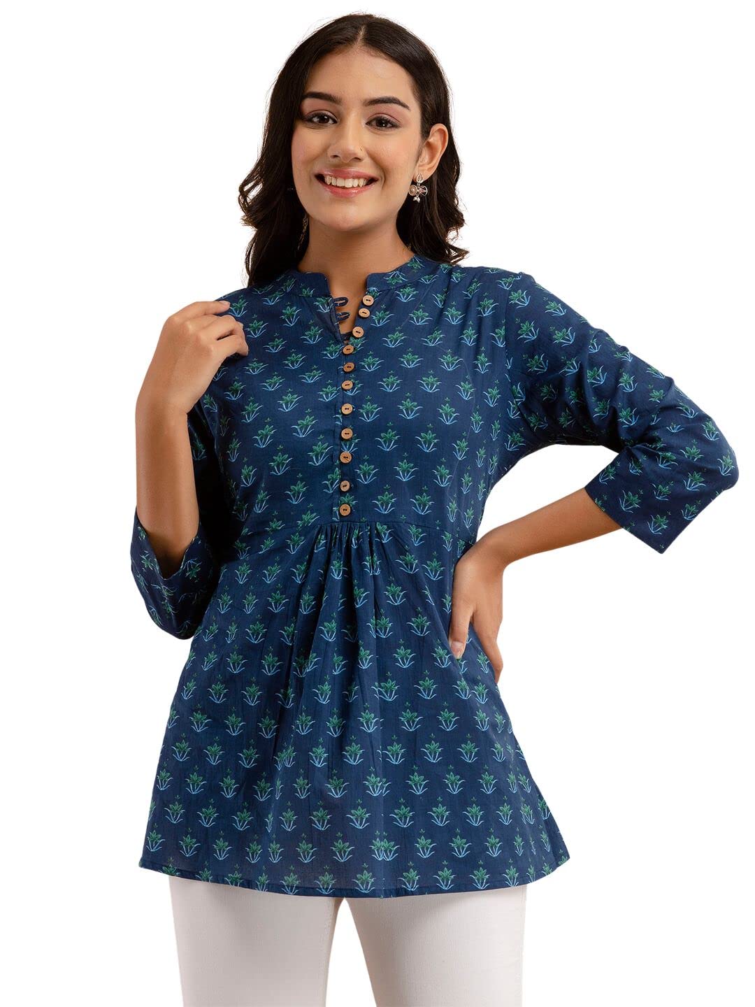 feranoid Women Cotton Printed Straight Short Kurti 11 Button Mandarin