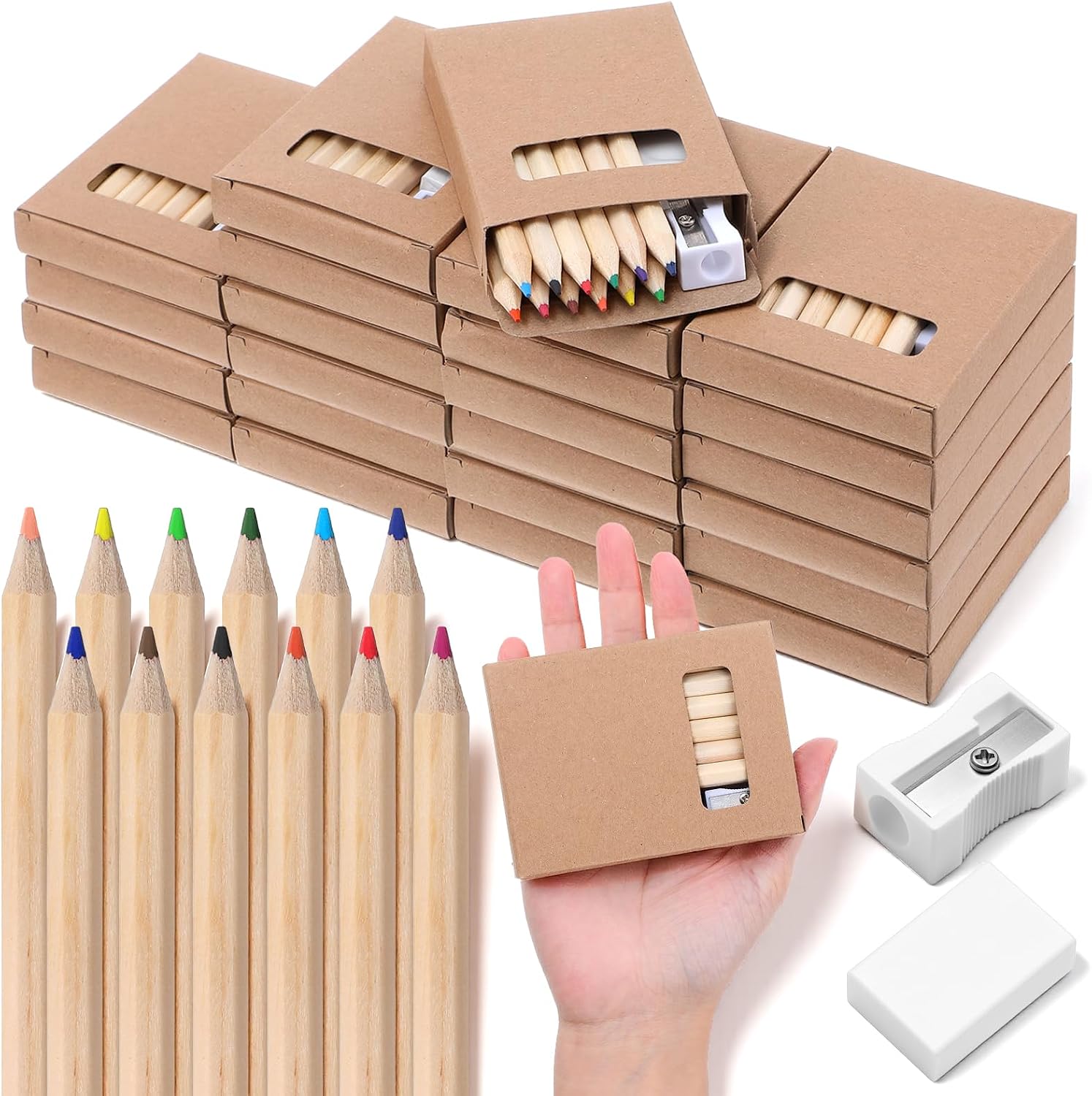 24 Set Mini Colored Pencils Bulk, 3.5 Inch Short Drawing Pencils with Sharpener & Eraser in Krafts Boxes, Kids Coloring Pencils for Classroom School Supplies, Party Favors, Teacher Gifts, 12 Colors