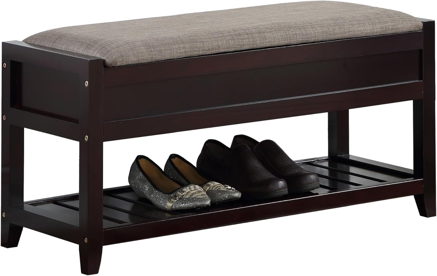Espresso Color Wood Frame Gray Fabric Upholstery Seating Bench with Shoe Storage