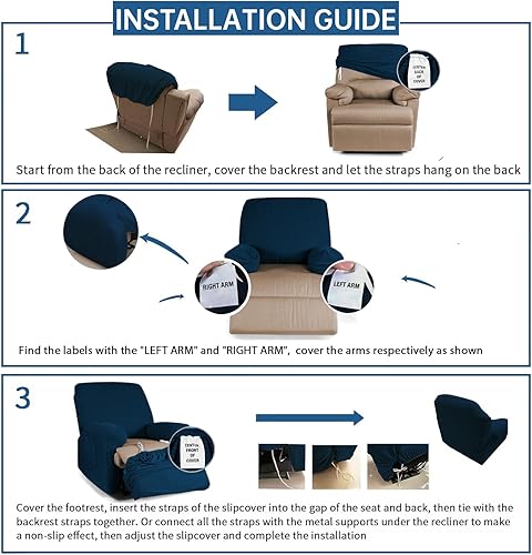 Vista 144 de YEMYHOM Funda elástica de 4 piezas para silla reclinable de jacquard con bolsillo lateral, antideslizante, ajustable, protector de muebles con parte