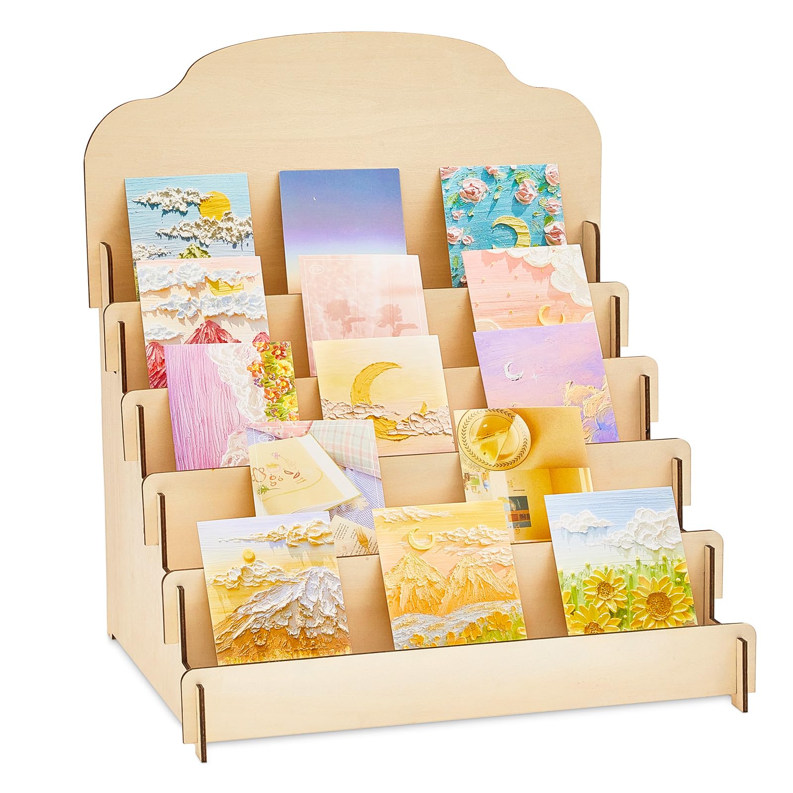 Barydat Large Greeting Card Display Stand Tiered Wooden Display Stand for Postcard Brochure Photos Jewelry Snacks Sticker Holder for Vendors, Counter Retail(15.8 x 13 x 17.7 Inch,Beige)
