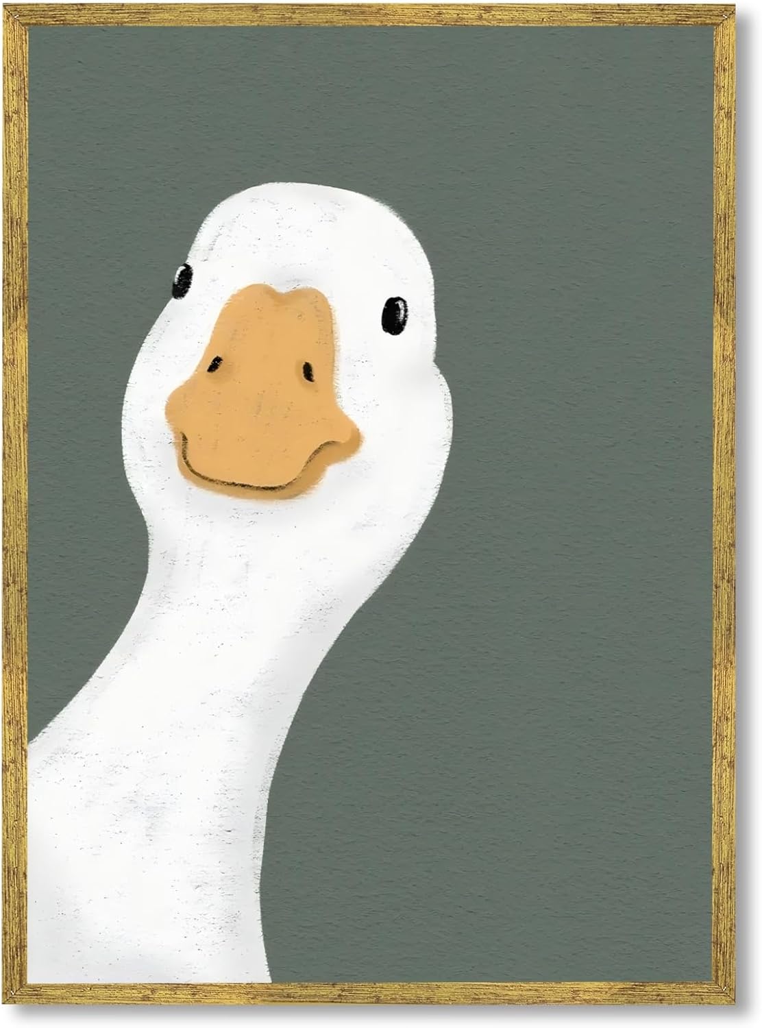 Balsuka Funny Silly Goose Wall Art Dark Green Animal Poster Cute Minimalist Duck Canvas Print Modern Farmhouse Geese Painting for Living Room Bedroom Bathroom Playroom Decor 16x24inch Golden Frame