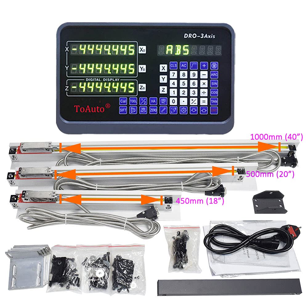 DRO 3 Axis Digital Readout Display +3pc Glass Linear Scale for CNC Mill Lathe Machine (450mm+500mm+1000mm)