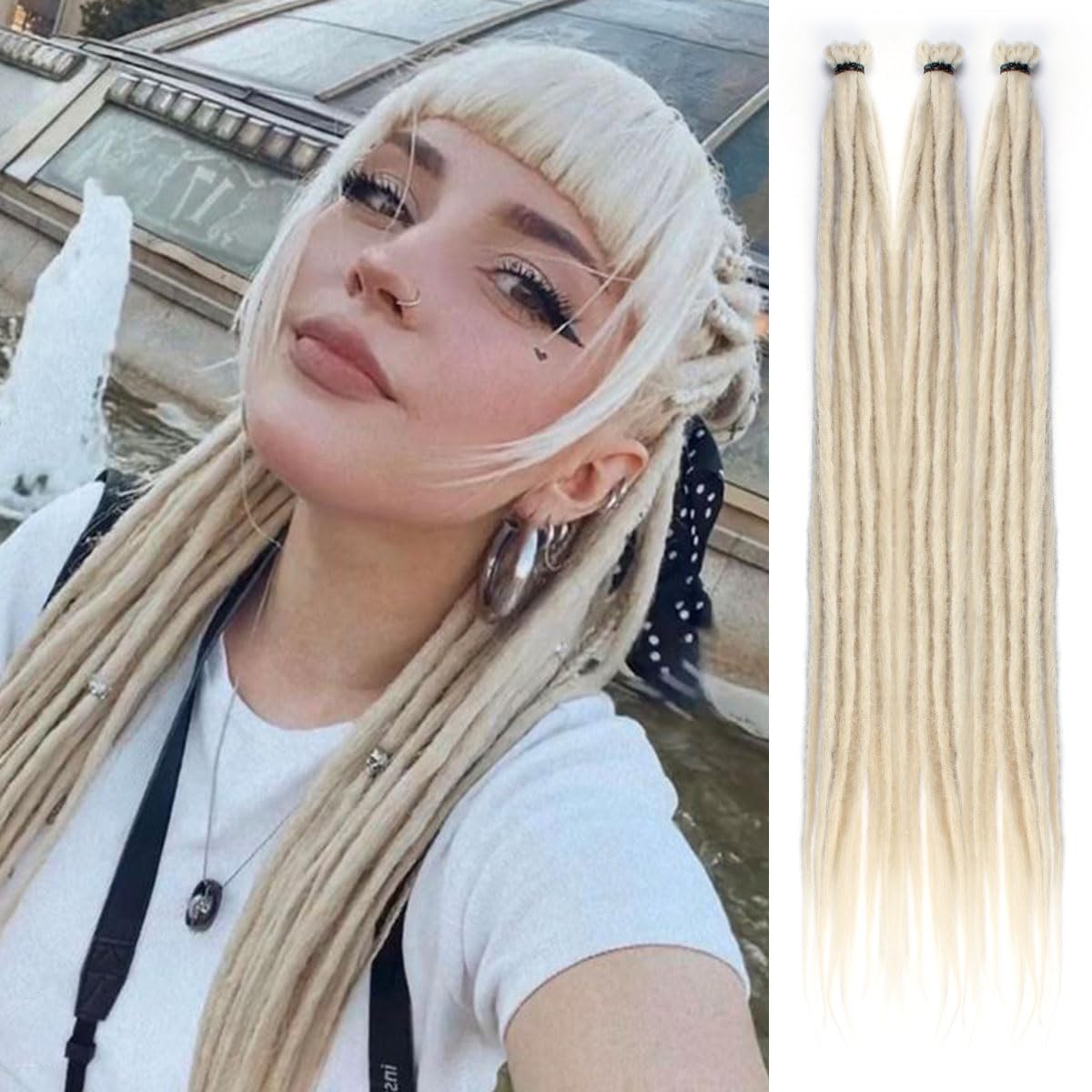 Lounoke 24 In 30 Strands SE Dreadlock Extensions, 613 Blonde Thin 0.6cm Width Synthetic Dreads Extensions, 100% Handmade Dreads Hippie Style