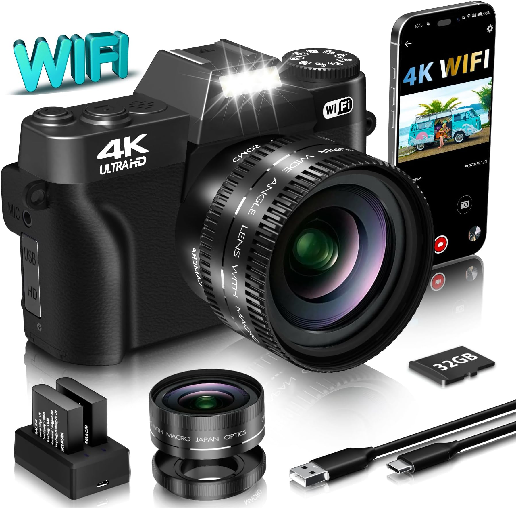Digital Camera For Photography 4K 48Mp Vlogging Camera For Youtube With Wifi, 180 Degree Flip Screen, 16X Digital Zoom, 52Mm Wide Angle & Macro Lens, 2 Batteries, 32Gb Tf Card(W02 Black6)