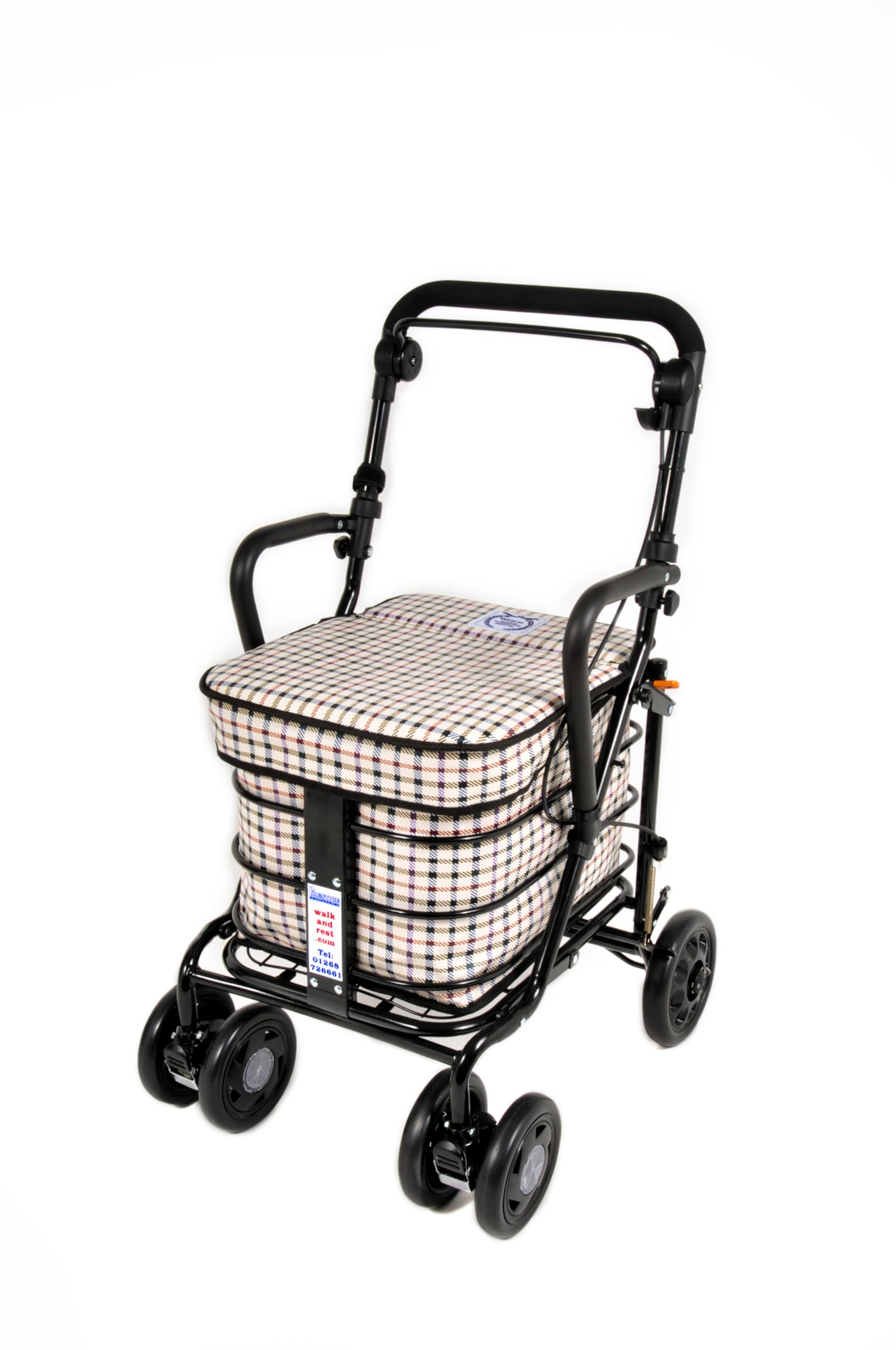 Walk And Rest Light Tartan Prestige Shopping Trolley With Seat & Armrest/Walking Frame/Seated Mobility Trolley/Stroller/Walking Trolley (Fully Assembled In Uk Ready To Use!) Black Edition (Light Tartan)