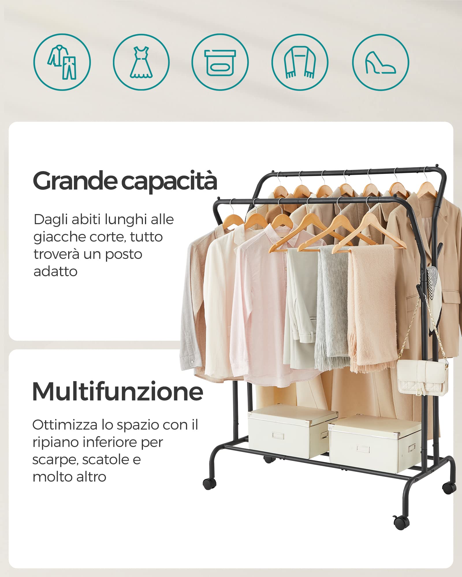 SONGMICS Stand Appendiabiti Doppio, Attaccapanni con Ruote, Struttura in Acciaio, Portata fino a 100 kg, Larghezza di 103,5 cm, Multifunzione, Nero HSR107B01