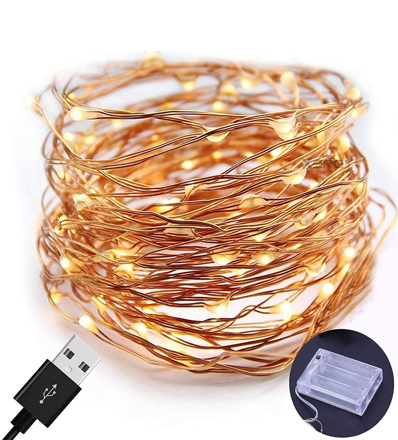 BlackCherry 5 Meter 50 LED's Fairy String Lights USB and 3A Battery Powered Copper Wire LED Fairy Light for Diwali, Christmas, Indoors & Outdoors (Pack of 1, Warm White)