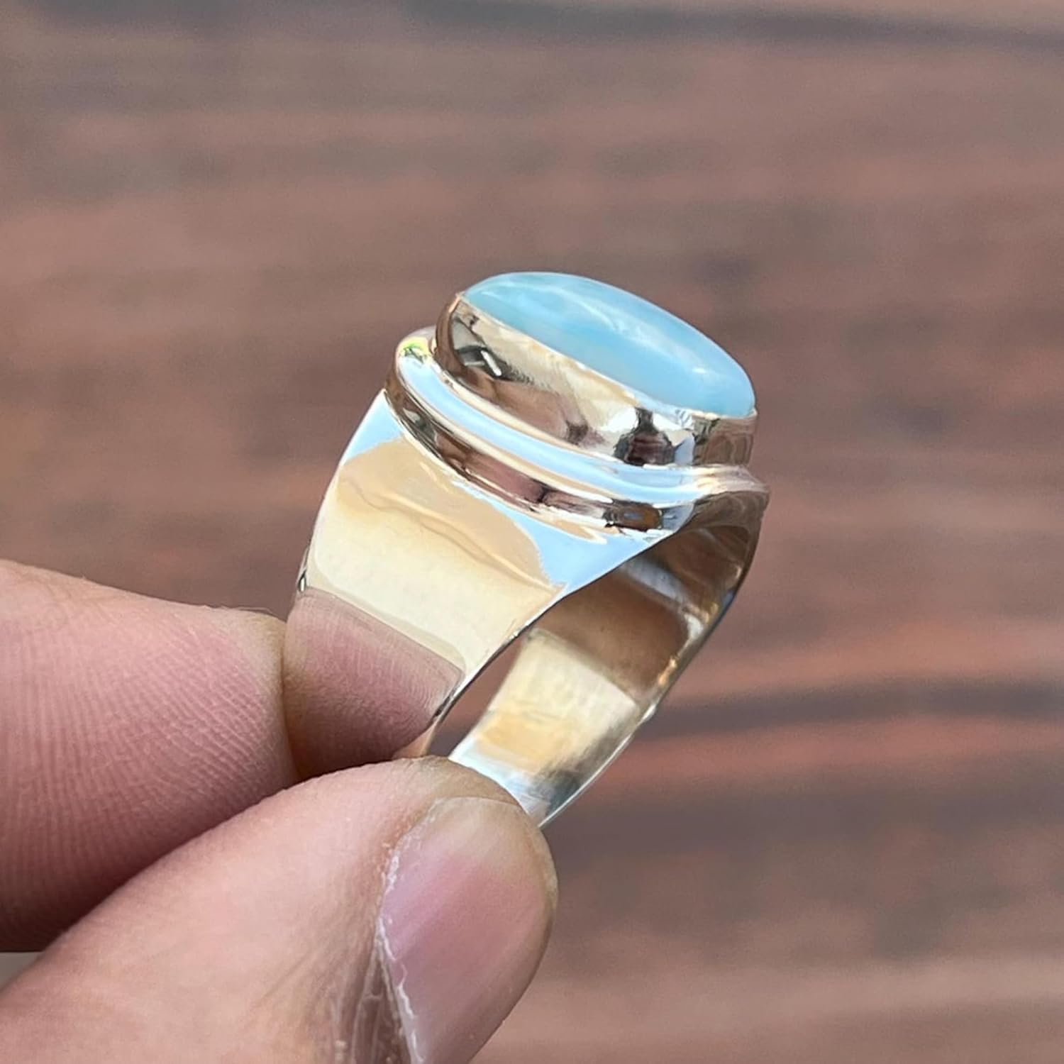 Natural Larimar Ring for Women, 925 Sterling Silver Wide Band Ring, Handmade Blue Stone Statement JewelryGift for Her