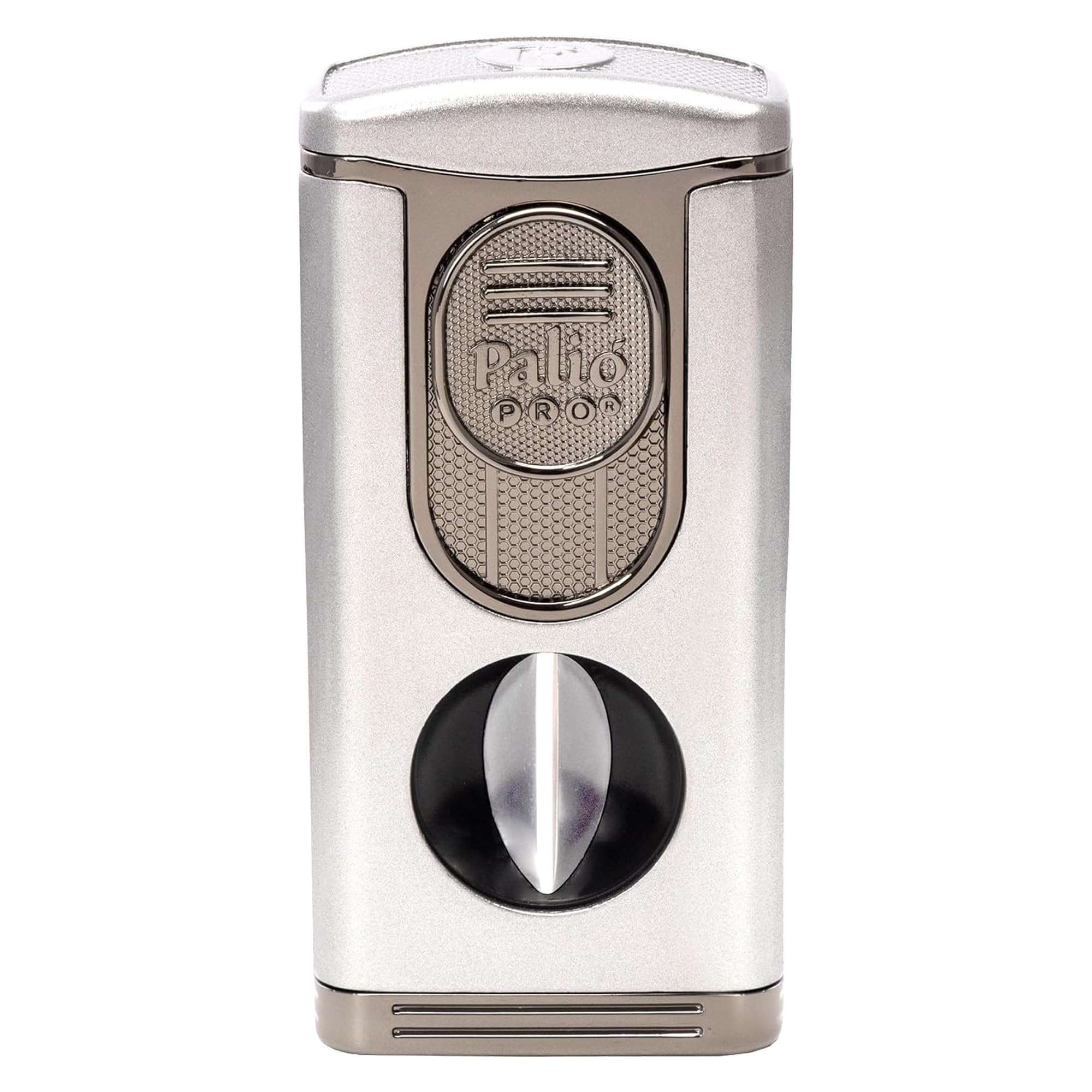 Palió PRO Trevi Triple Torch Lighter with Built-in V-Cutter – Wind Resistant Triple Jet Flame, Metal Body, Cuts up to 64 Ring Gauge Cigars – Premium Cigar Lighter (Silver)
