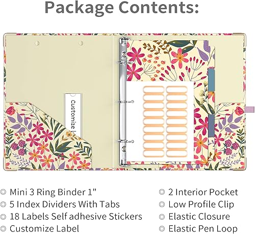 Miniatura 2 de Ospelelf Mini 3 Ring Binder, 1 Inch, Cute Floral Binder for 5.5" x 8.5" with 5 Tab Dividers, File Folder Labels and Low Profile Clipboards