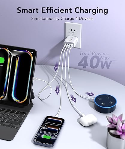 Miniatura 2 de Bloque de cargador USB C de 40 W, 2 unidades de 4 puertos tipo C de carga rápida, adaptador de enchufe de pared dual PD&QC compatible con