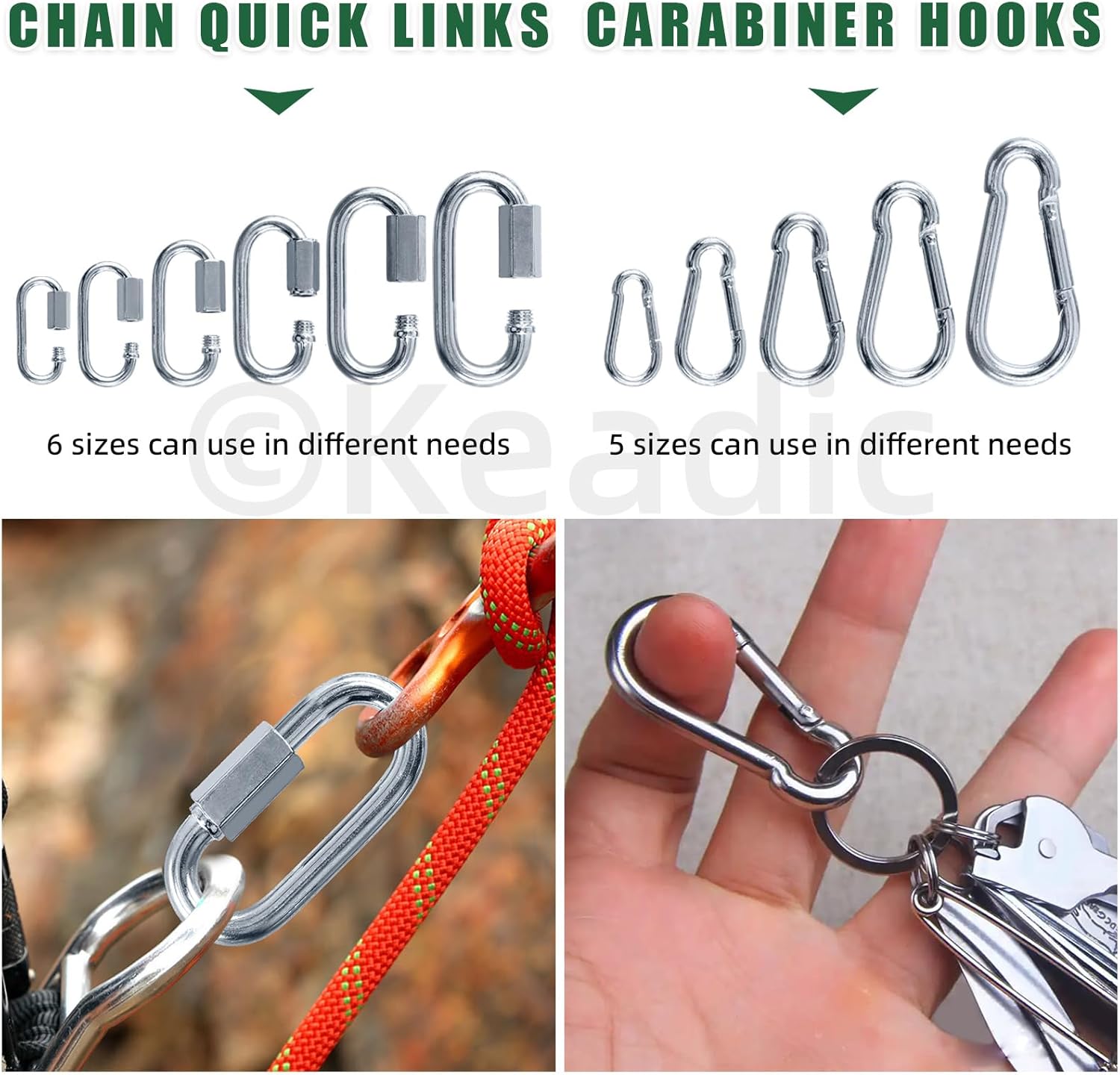 Keadic 30PCS Quick Link Chain Connector Assortment Kits include M3.5 M4 M5 M6 M7 M8 Chain Quick Link 6 Sizes Heavy Duty Spring Snap Hook Safety Quick Links Snap Hooks for Dog leashes Boat Ropes