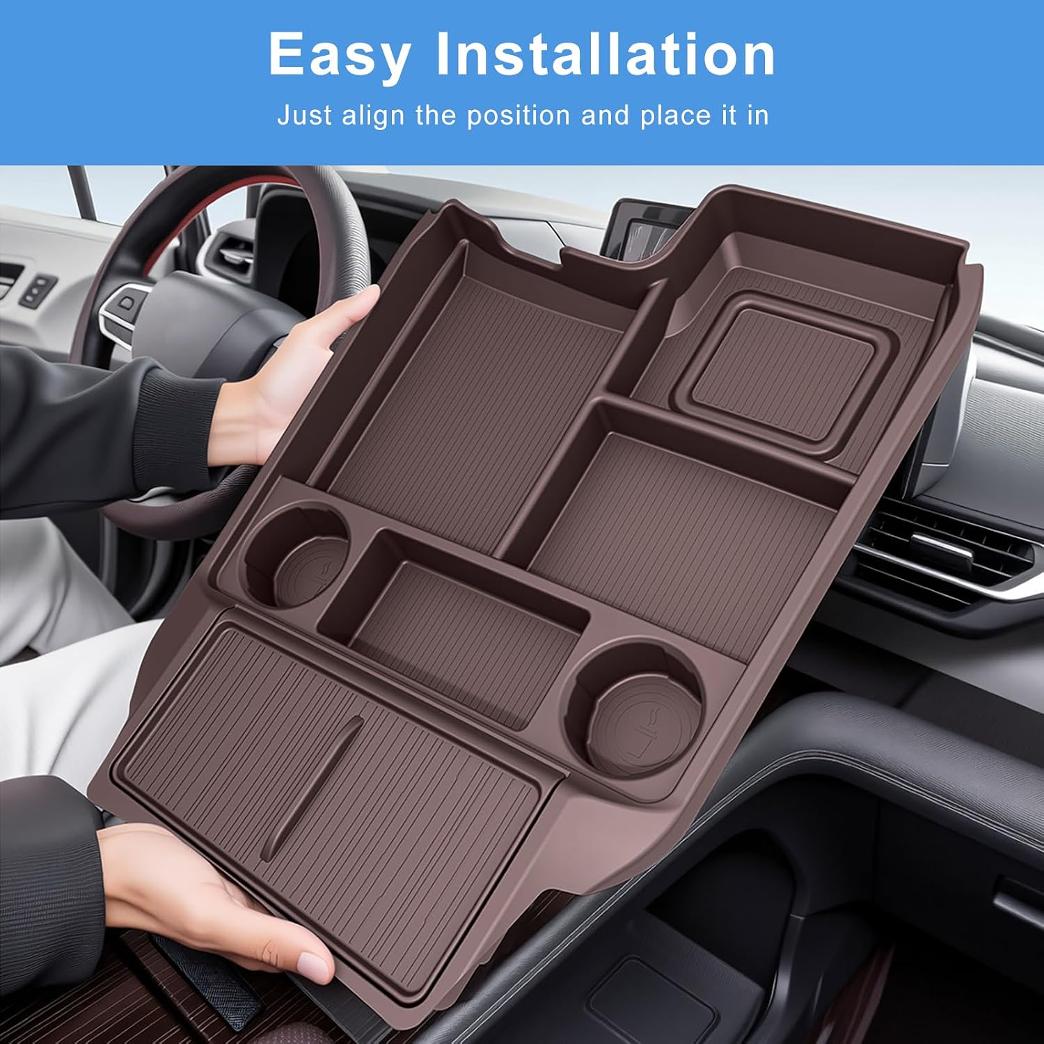 Center Console Tray Organizer for Toyota Sienna 2021-2024 2025 2026 Accessories, Lower Storage Box Insert Tray with Cup Holder (Brown)