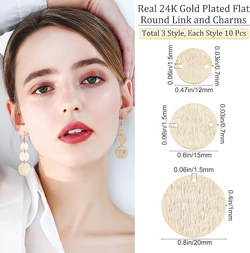 Miniatura 2 de Beebeecraft 30 unidadescaja de 3 tamaños planos redondos chapados en oro de 24 quilates, dijes de eslabones en blanco para aretes de disco, collar,