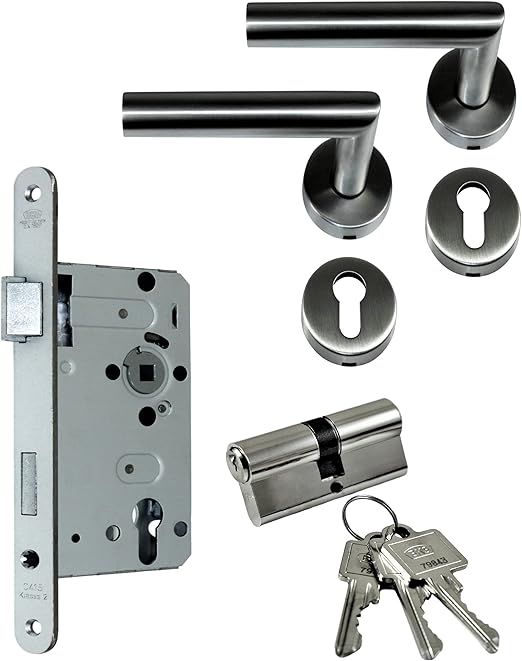 SN-TEC Komplettset Für Stahl-/FH-Türen – Mit Schloss, Beschlag (beidseitig Drücker) & Profilzylinder
