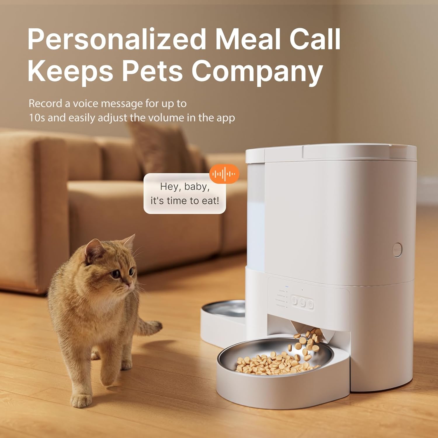 A cat looking at the DUDUPET feeder, with a speech bubble indicating a recorded voice message: 'Hey, baby, it's time to eat!'