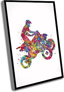 Sports Room Decor,Quad Bike Watercolor Print Atv Rider 4 Wheeler Dirty Bike Sport Gift Bike Motocross Sports Poster Wall Art Decor For Him Man Cave Decor,8x12 Inch Framed Wall Art