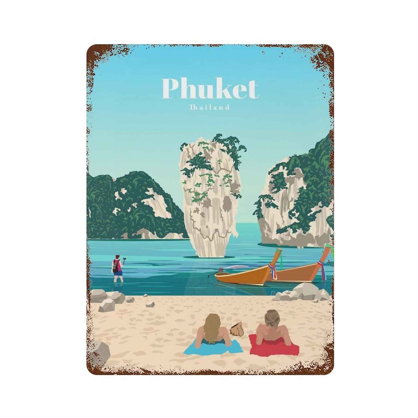 Aged Metal Wall Plaque with Travel to Phuket Design 15.7"x11.8", for Pub, Kitchen And Man Cave Decor, Shabby Chic Decor