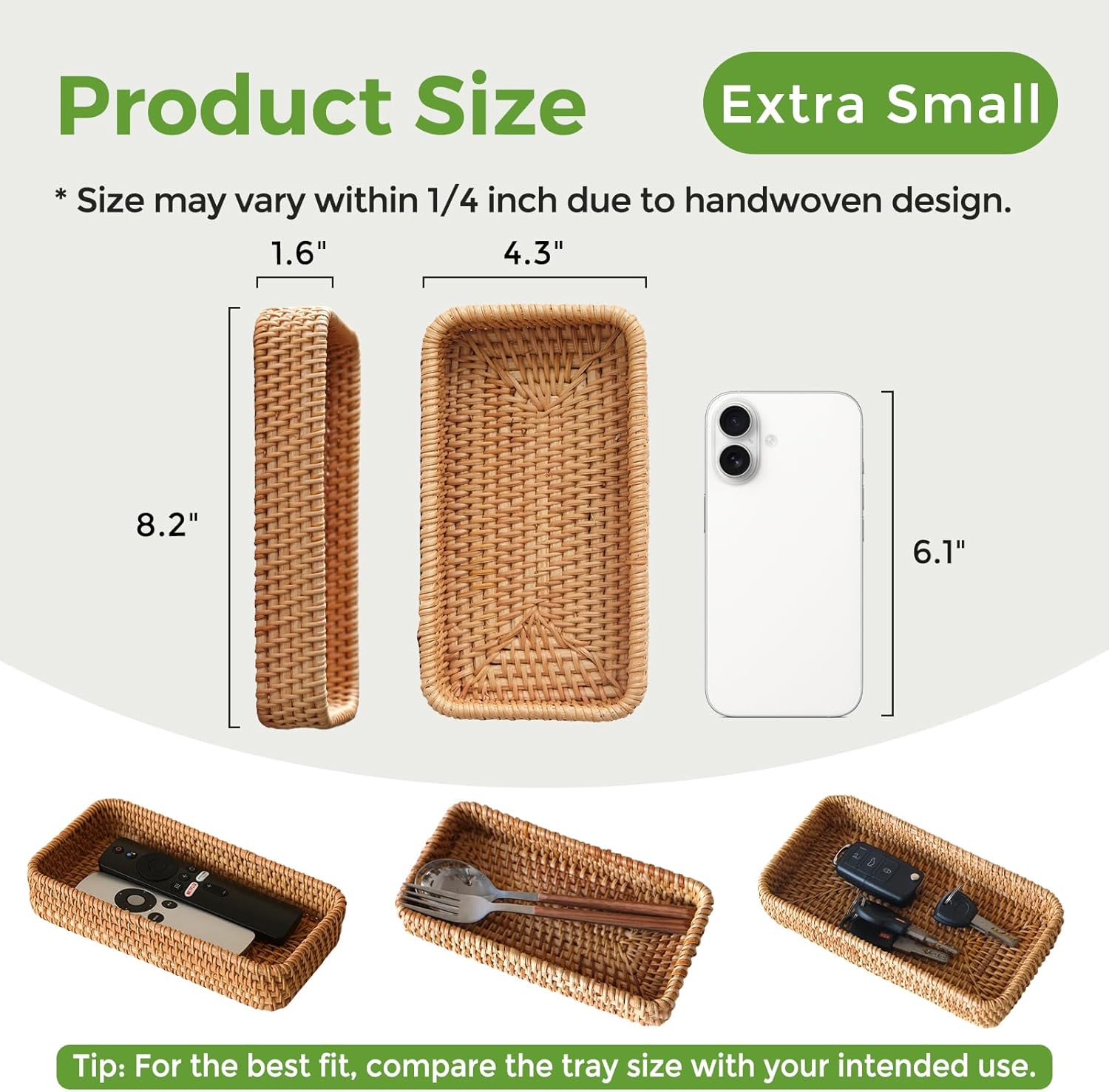 2 Pack Small Rattan Serving Tray, Natural Wicker Decorative Tray Handwoven for Keys Trinkets Rings Cosmetics, Decorative Jewelry Perfume Tray for Coffee Table Entryway Living Room(8.2" × 4.3")