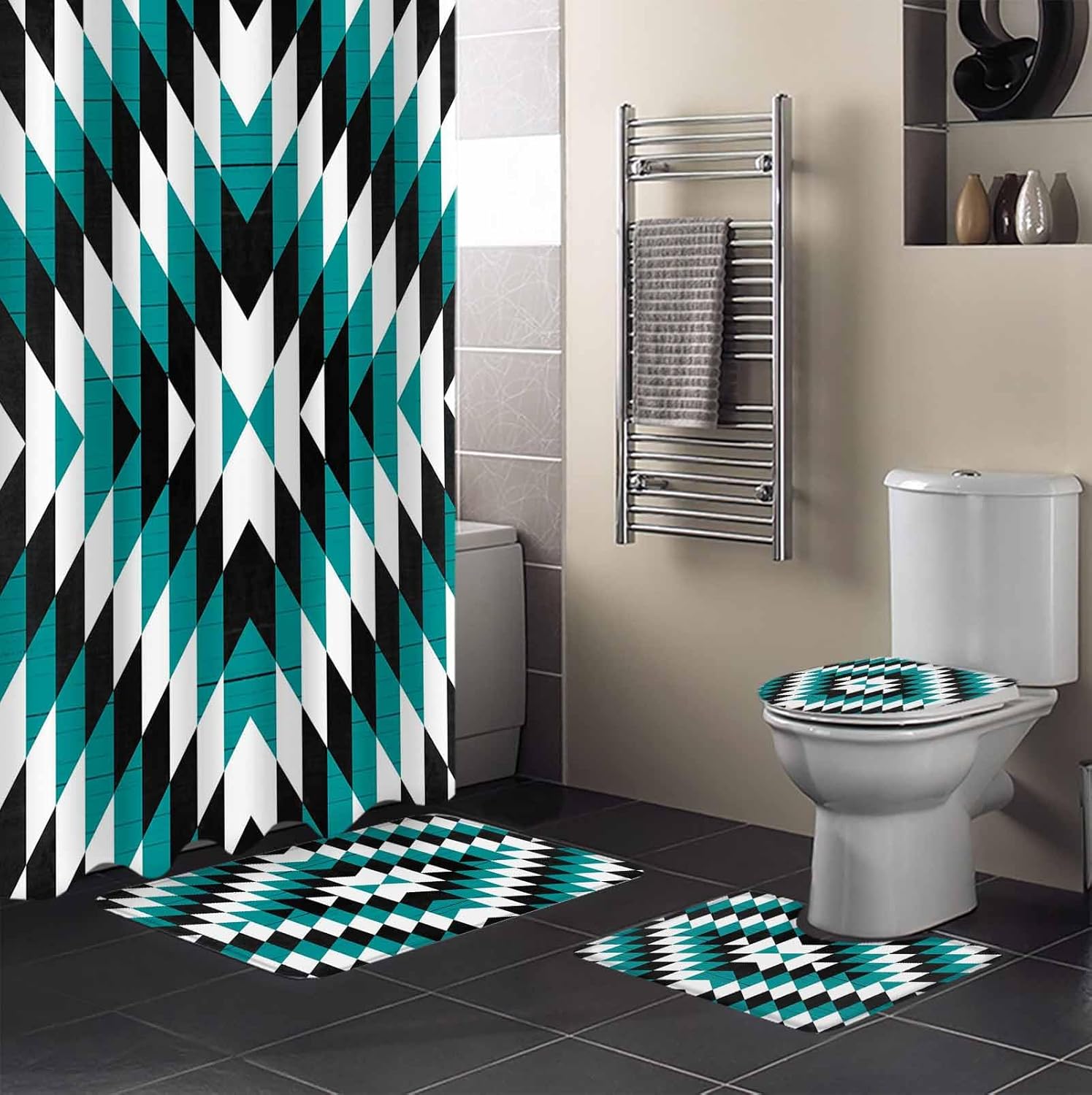 Turquoise Aztec Bathroom Set with Shower Curtain and Rug and Accessories - 66x72 Inches Long Black White Southwest Vintage Geometric Bathtub Floor Runner Rug Set Bathtub Curtains with Bath Mat