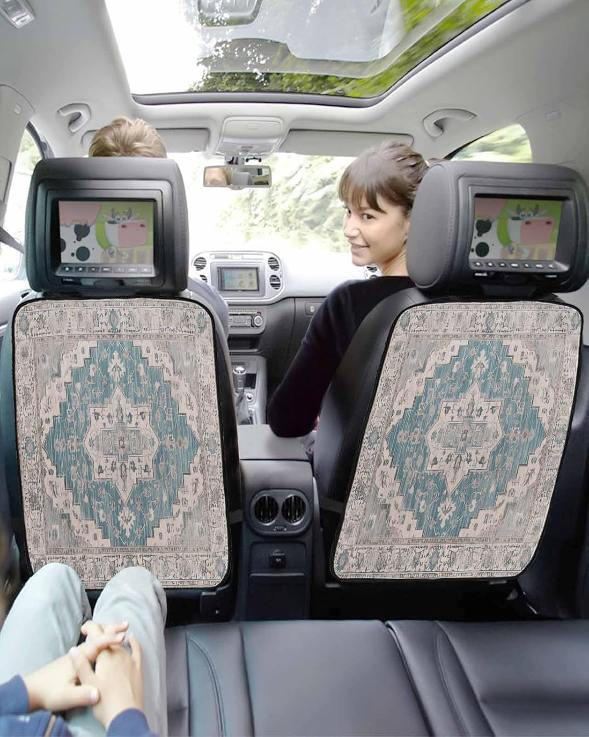Car Seat Protector, 2 Pack Kick Mats with Organizer - 3 Pocket Storage, Turkish Patterns Medieval Wallpaper Vintage Murals Back Seat Cover for Kids Universal Fit Automotive Interior Protectors