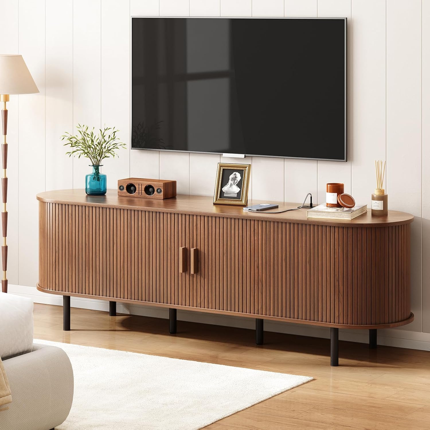 ONBRILL 70.8" TV Stand with Power Outlet for TVs up to 75 Inch, Entertainment Center with Storage and Adjustable Shelves, Modern Media Console with Sliding Doors for Living Room, Walnut