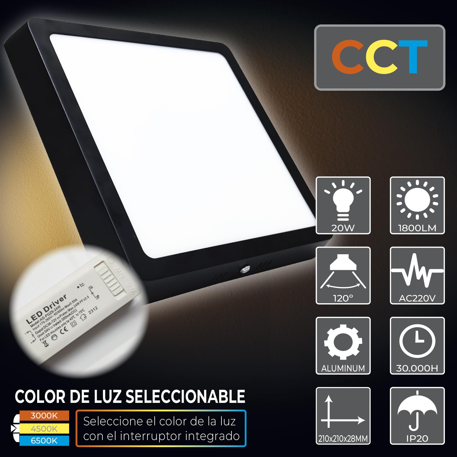 LED ATOMANT 8x Plafón LED Cuadrado Superficie Negro 210mm 20W CCT 1800lm | Driver incluido, Marco negro
