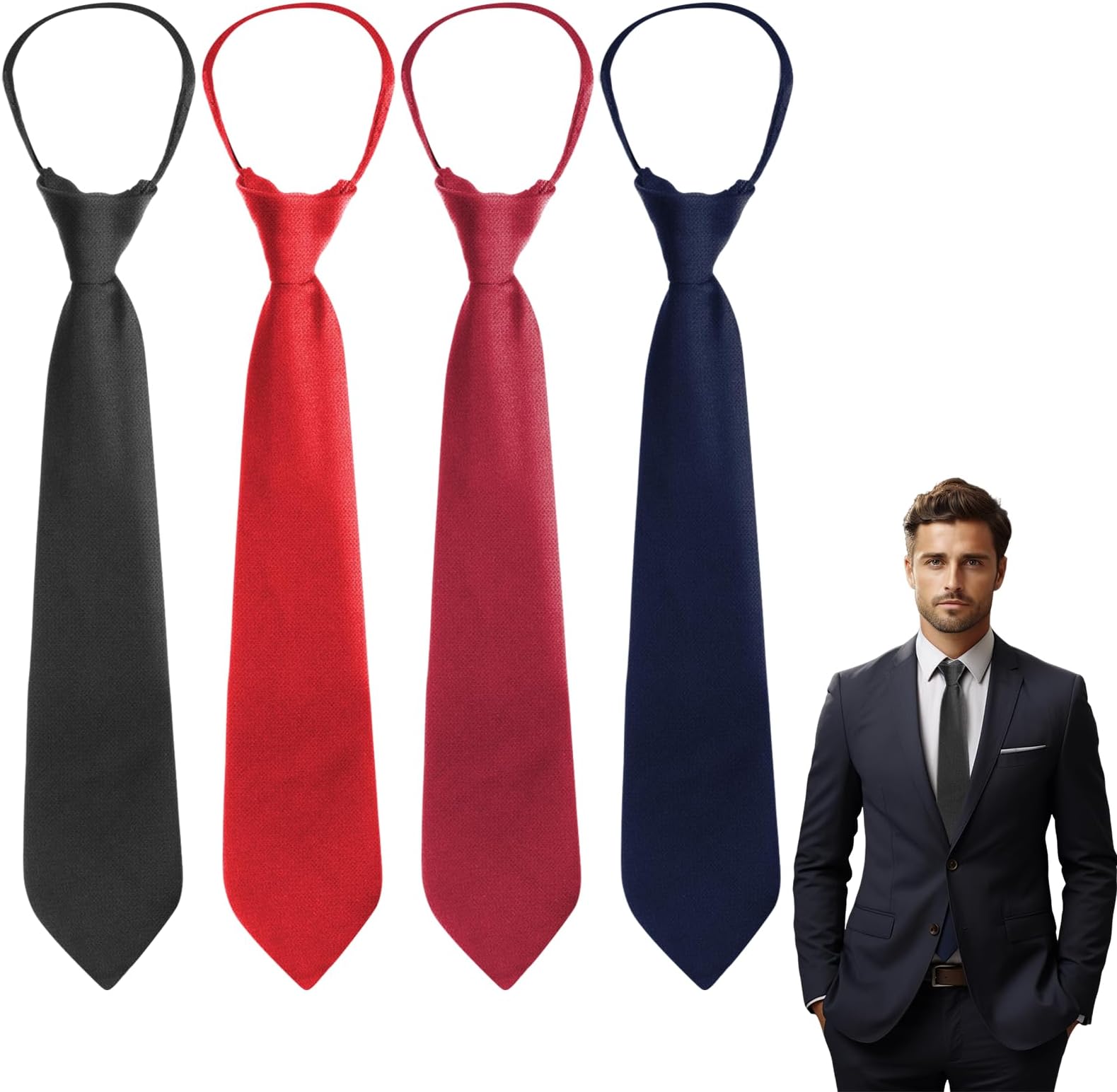 Set of 4 Men's Tie Set, Adjustable Zip Tie, Ties for Men in Black Costume, Tie Pre-Tied Ties Wedding Ties in Satin Finish for Sympathy Tie, Black, dark red, green and red, Einheitsgröße