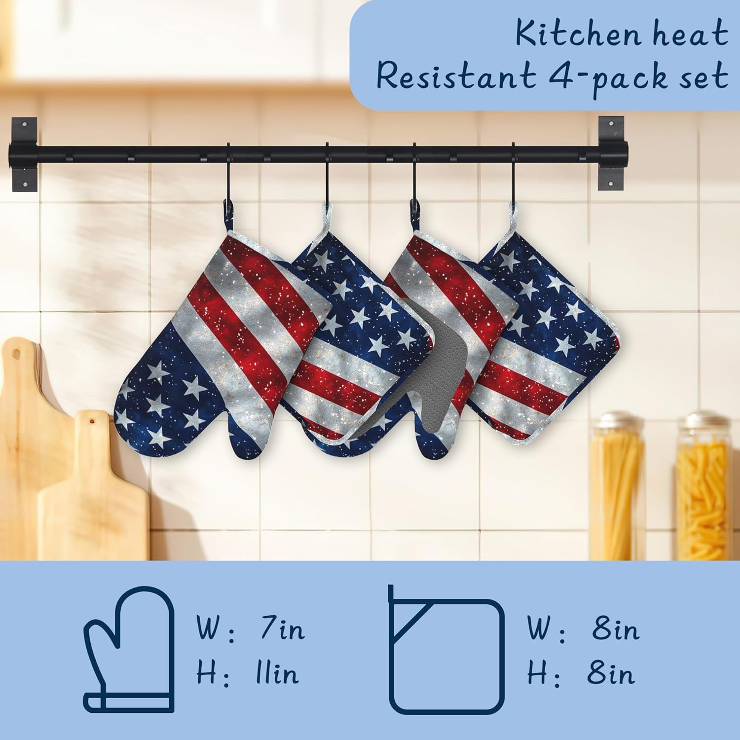 American Flag Oven Mitts and Pot Holders Sets,Extra Long 4th of July Kitchen Mittens for Cooking,Thick Cotton Heat Resistant Silicone Cooking Utensils Set for Baking Cooking Grilling